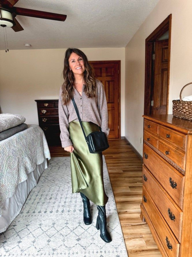 Olive Green Slip Skirt with Cardigan and Knee-High Boots — Slip Skirt Outfits
