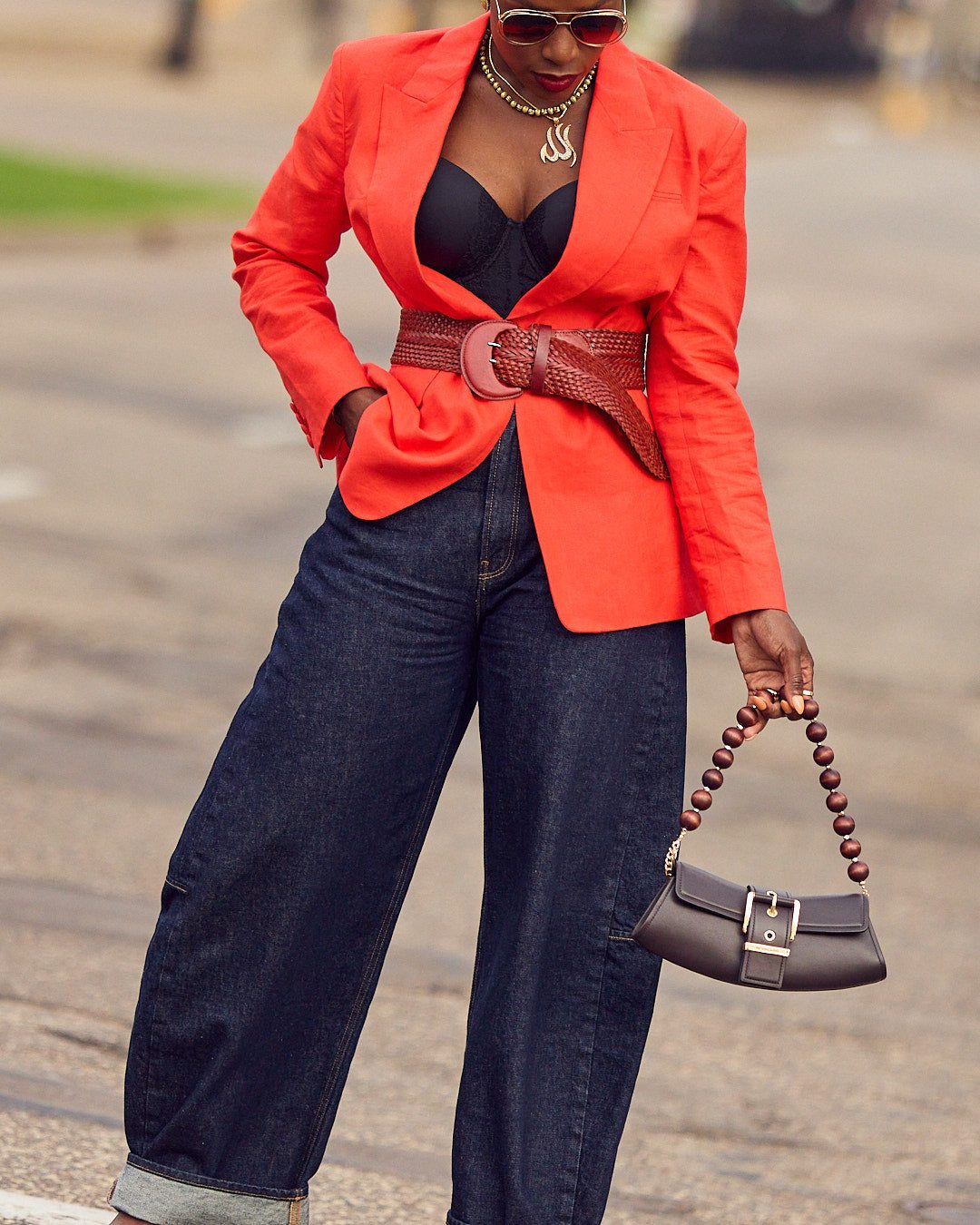 Wide Leg Jeans with Bra Top, Orange Blazer, and Woven Belt Wide Leg Jeans with Bra Top, Orange Blazer, and Woven Belt — Barrel Jeans Outfits