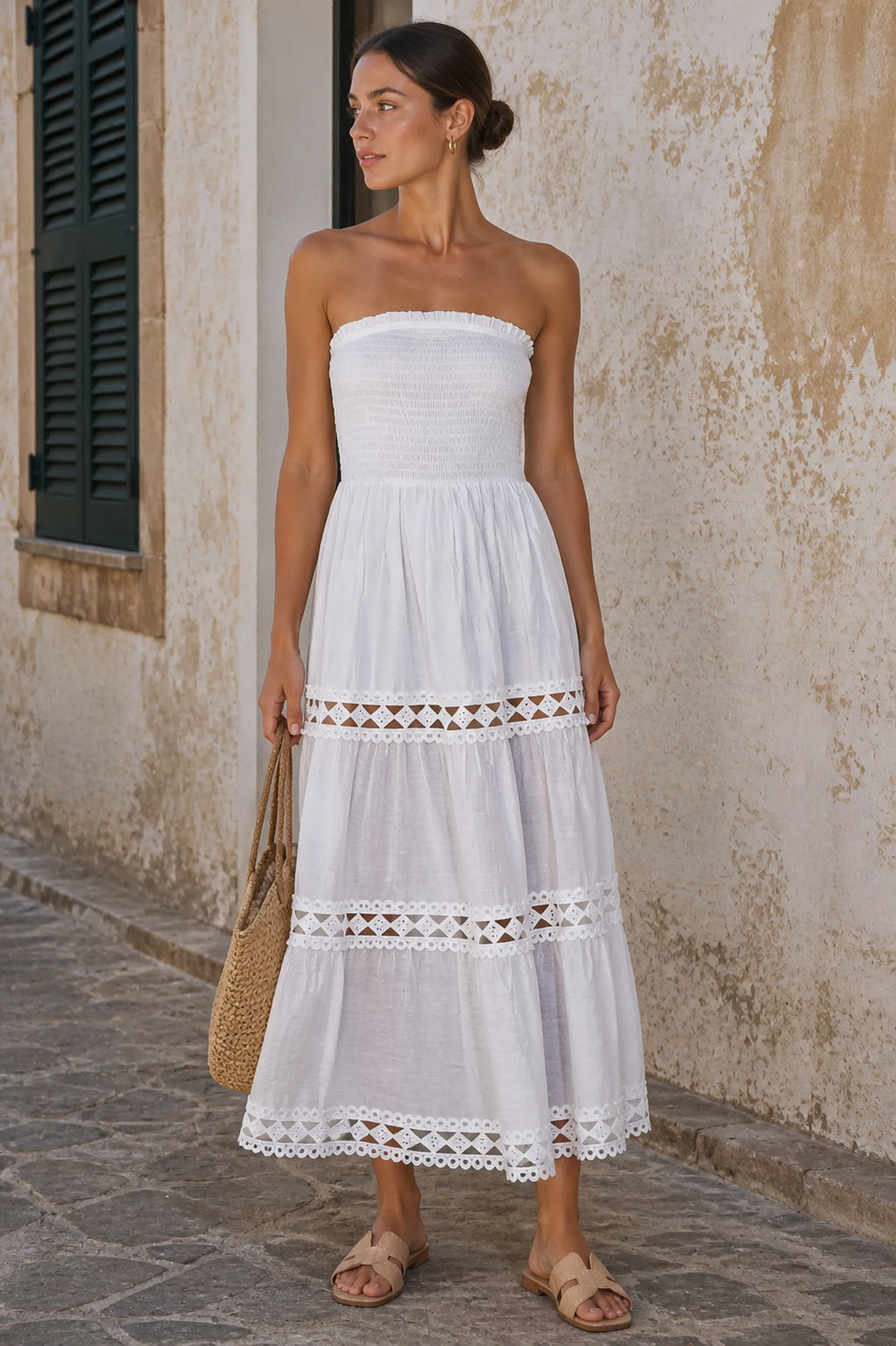 White Smocked Midi Dress with Tiered Eyelet Skirt — Vacation Dresses