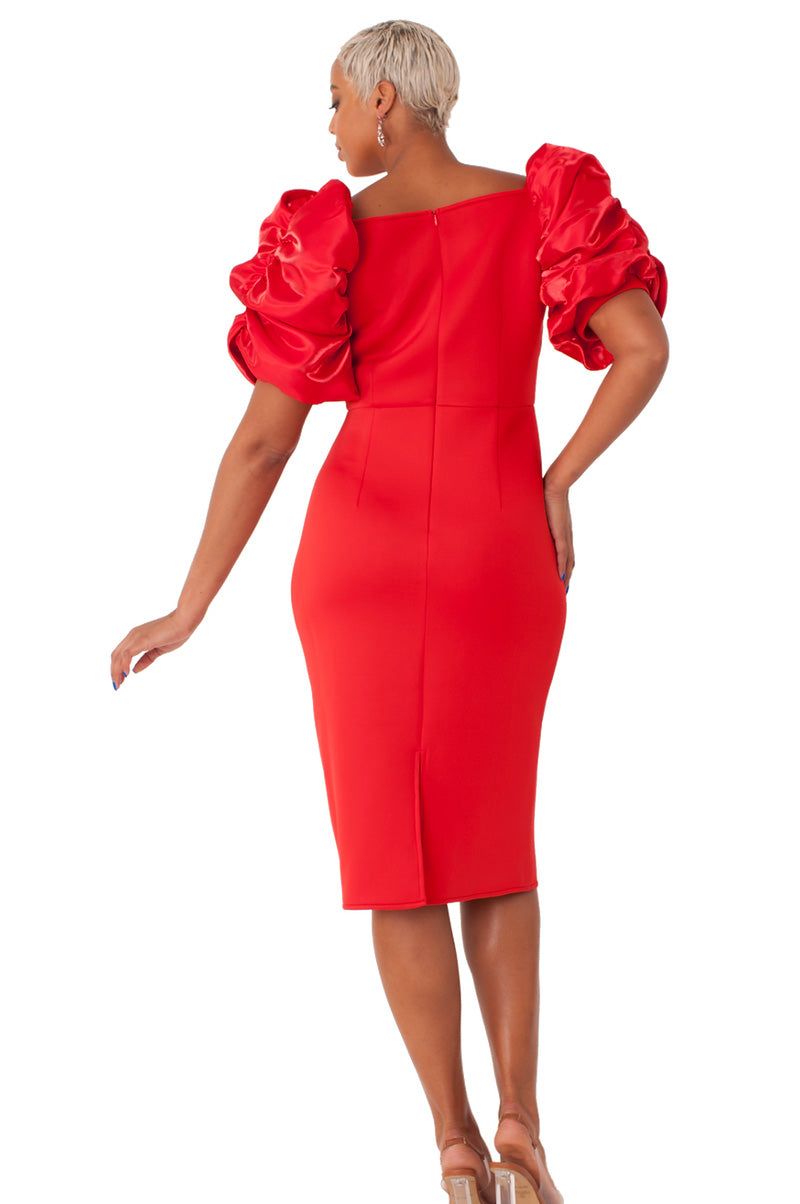 Red Sheath Dress with Dramatic Satin Puff Sleeves Red Sheath Dress with Dramatic Satin Puff Sleeves — Church Dresses