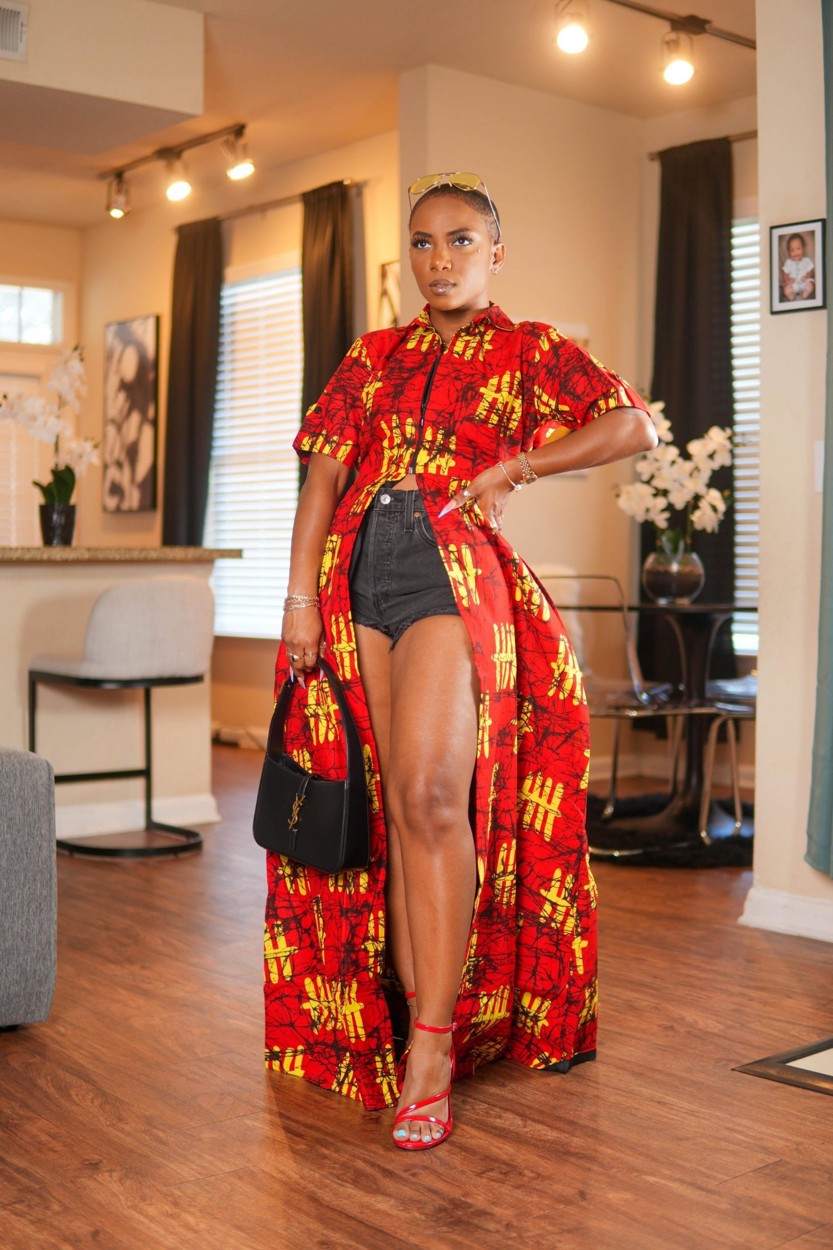 Maxi Dress Worn Open Over Black Shorts Maxi Dress Worn Open Over Black Shorts — Afrocentric Outfits