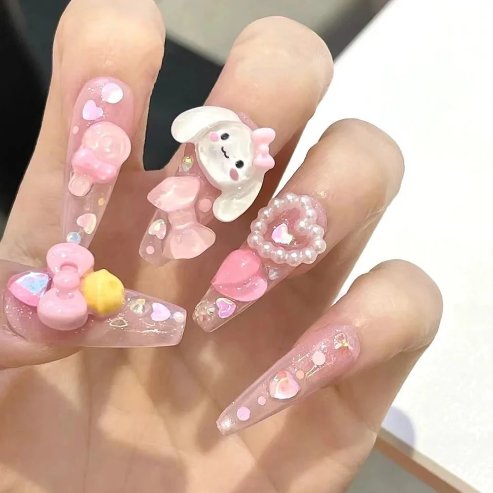 3D Pink Bow Bunny Extra Long Coffin Nails — Sanrio Nails