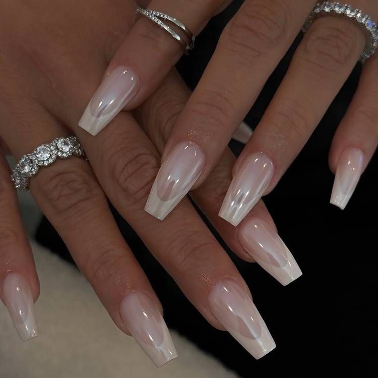 Milky Pearlescent French Tip Coffin Nails Milky Pearlescent French Tip Coffin Nails — Long Coffin Nails