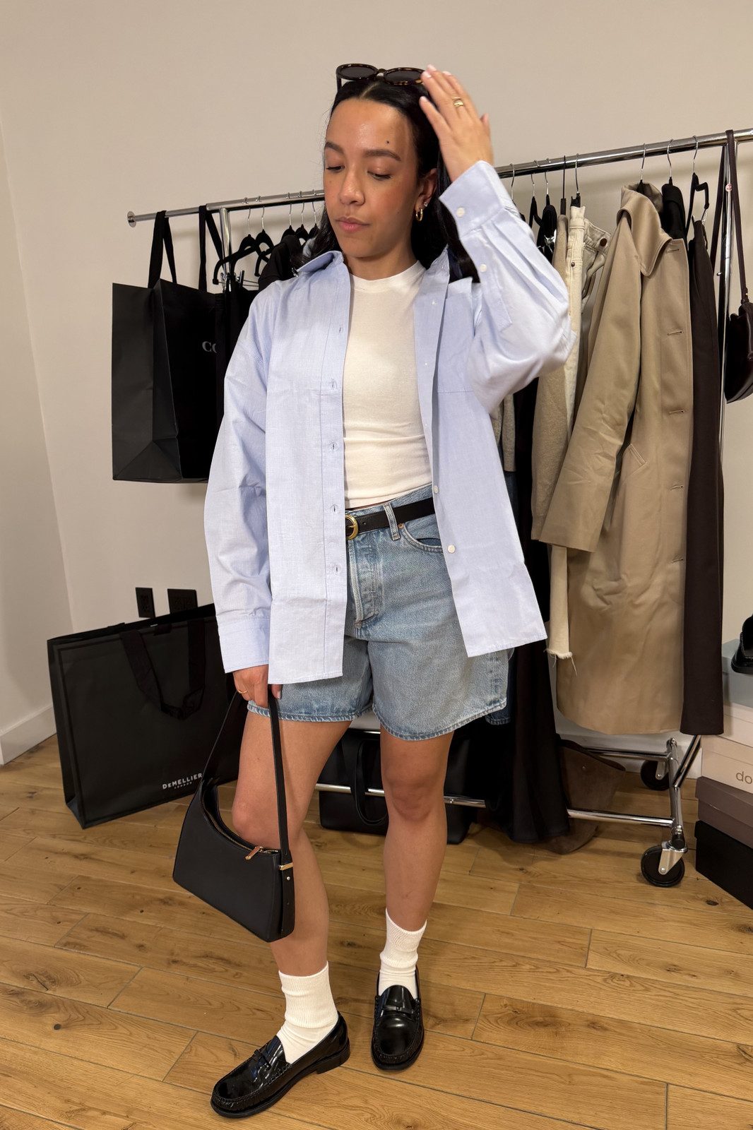 Modern Street Style: Black Patent Loafers with White Ribbed Socks and Denim Shorts Modern Street Style: Black Patent Loafers with White Ribbed Socks and Denim Shorts — Socks with Loafers Outfits