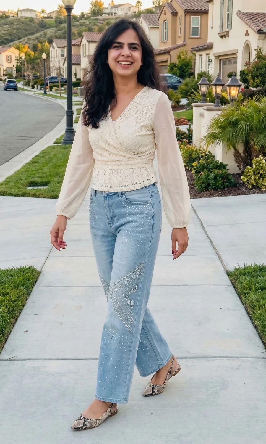 Embellished Details: Straight Leg Jeans with Lace Top — Light Wash Jeans Outfits