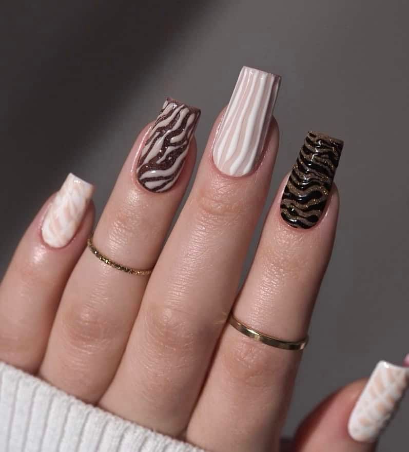 Long Square Zebra and Wavy Lines Mix — Zebra Nails