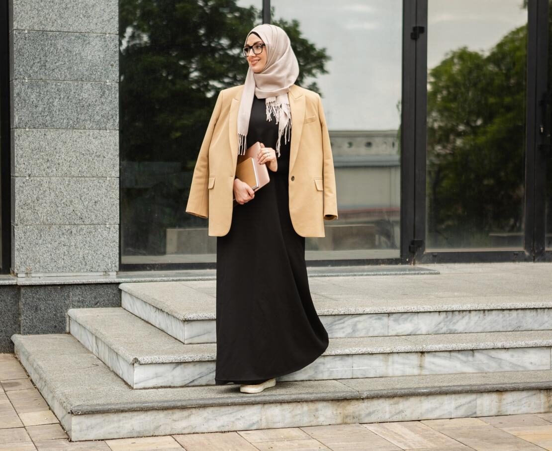 Blazer and Dress Combo: Light Pink Hijab with Beige — Hijab Work Outfits