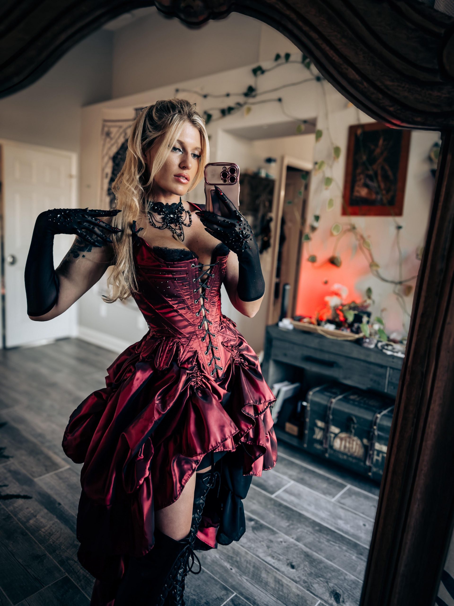 Red Ruffled Corset Gown with Lace Gloves and Choker Red Ruffled Corset Gown with Lace Gloves and Choker — Vampire Aesthetic Outfits