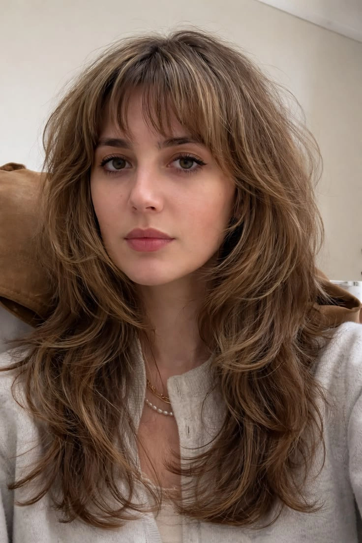 Cozy Layers: Beige Cardigan with Multi-Layered Hair and Bangs — Bangs with Layers