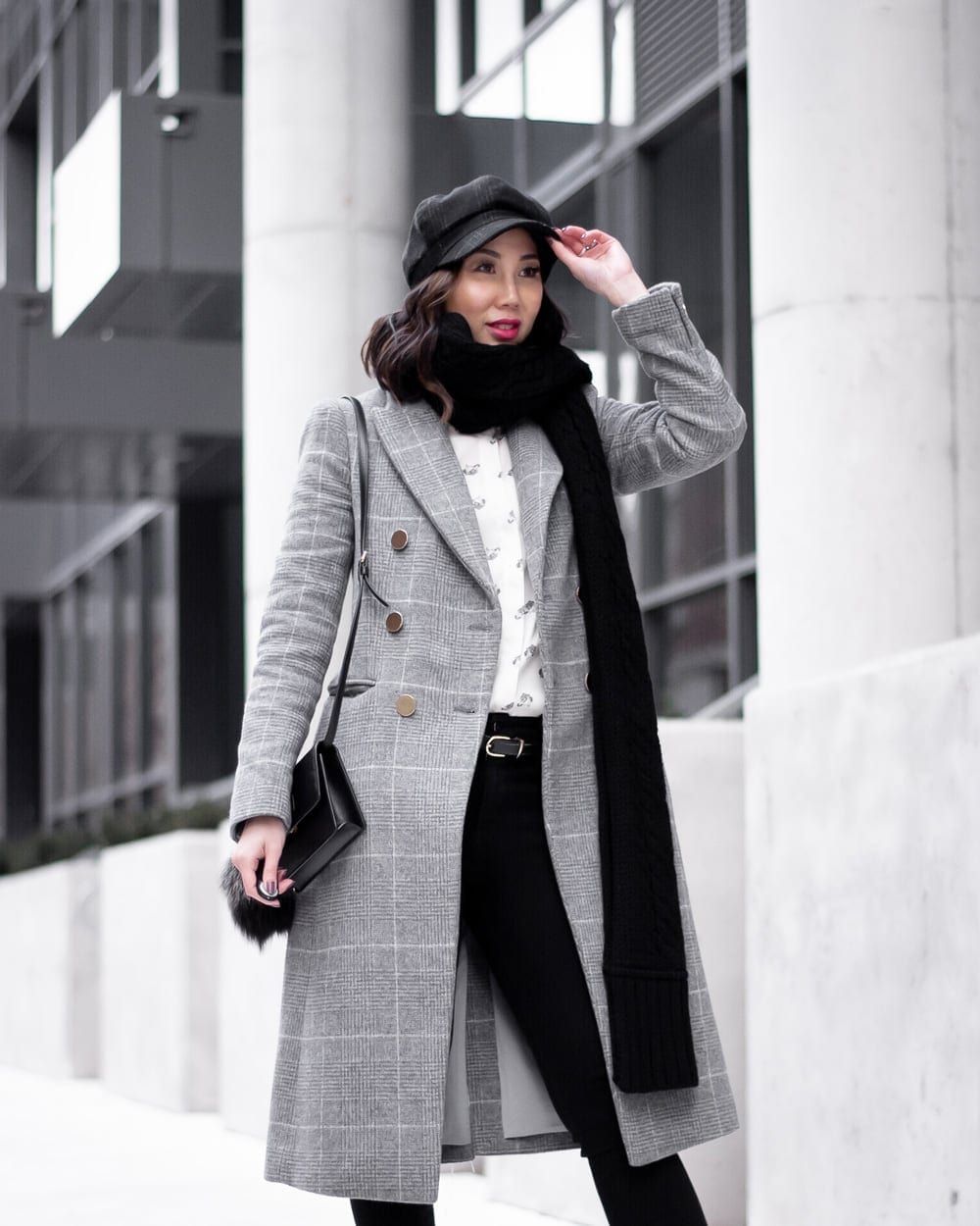 Winter Outdoor Wear: Plaid Coat, Scarf, and Newsboy Cap Toronto Outfits