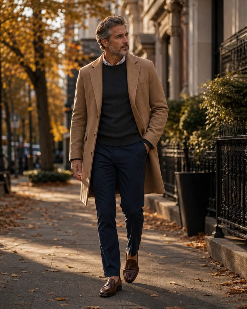 Camel Overcoat with Charcoal Sweater and Navy Trousers Camel Overcoat with Charcoal Sweater and Navy Trousers — Outfits for Men Over 50