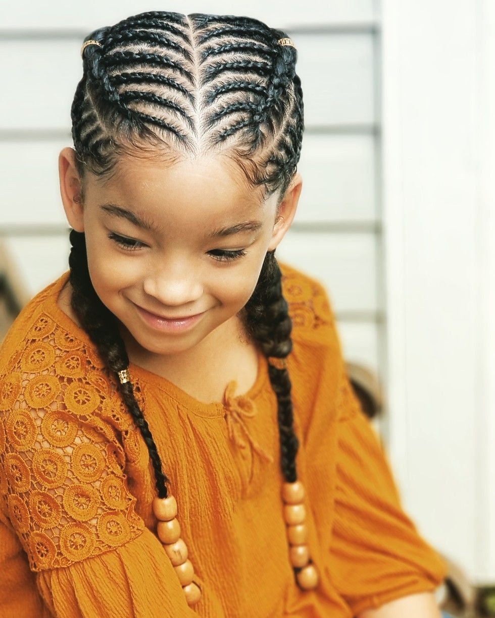 Collarbone Cornrows With Wooden Beads — Kids Cornrows