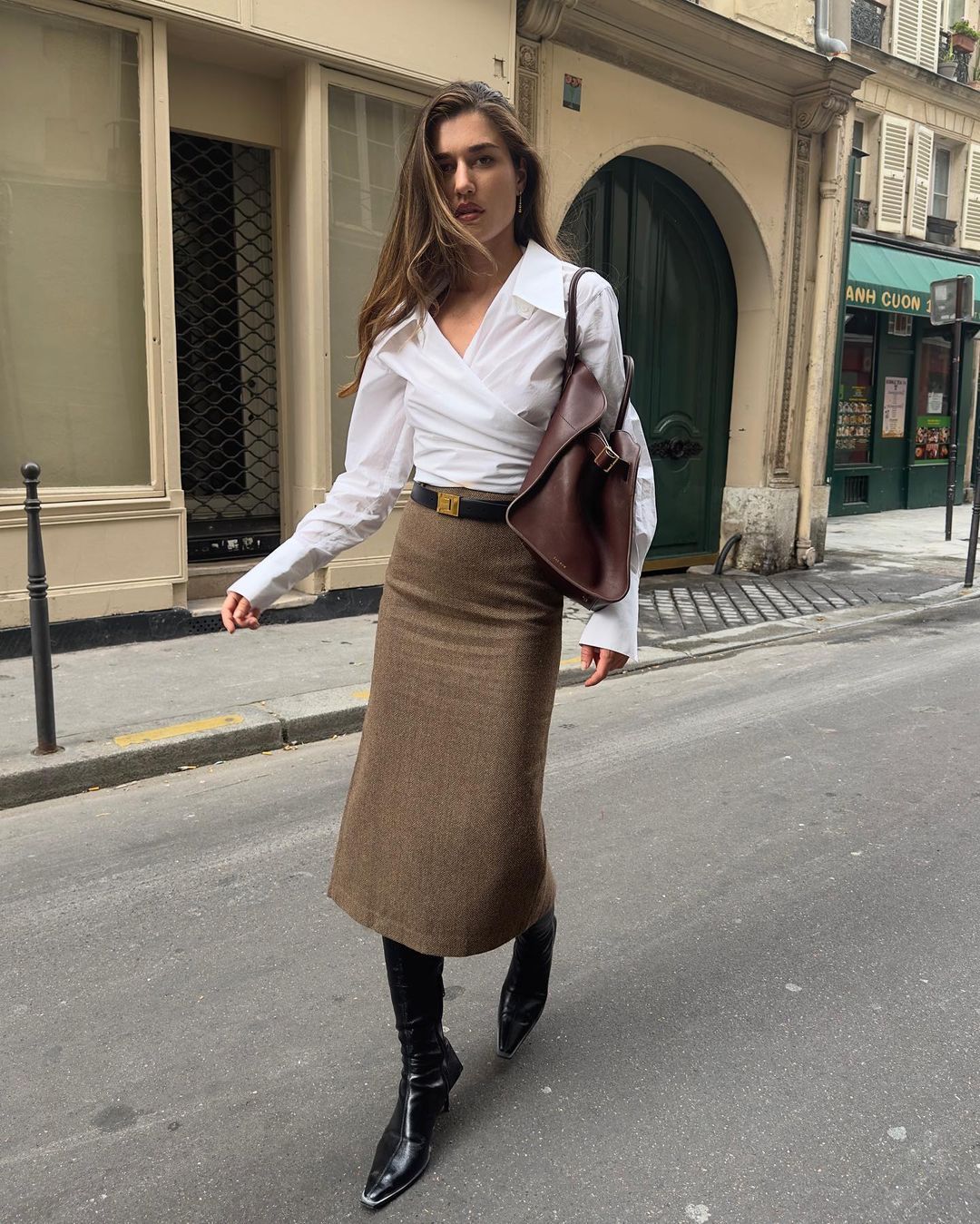 Brown Tweed Pencil Skirt with White Wrap Blouse — Pencil Skirt Outfits