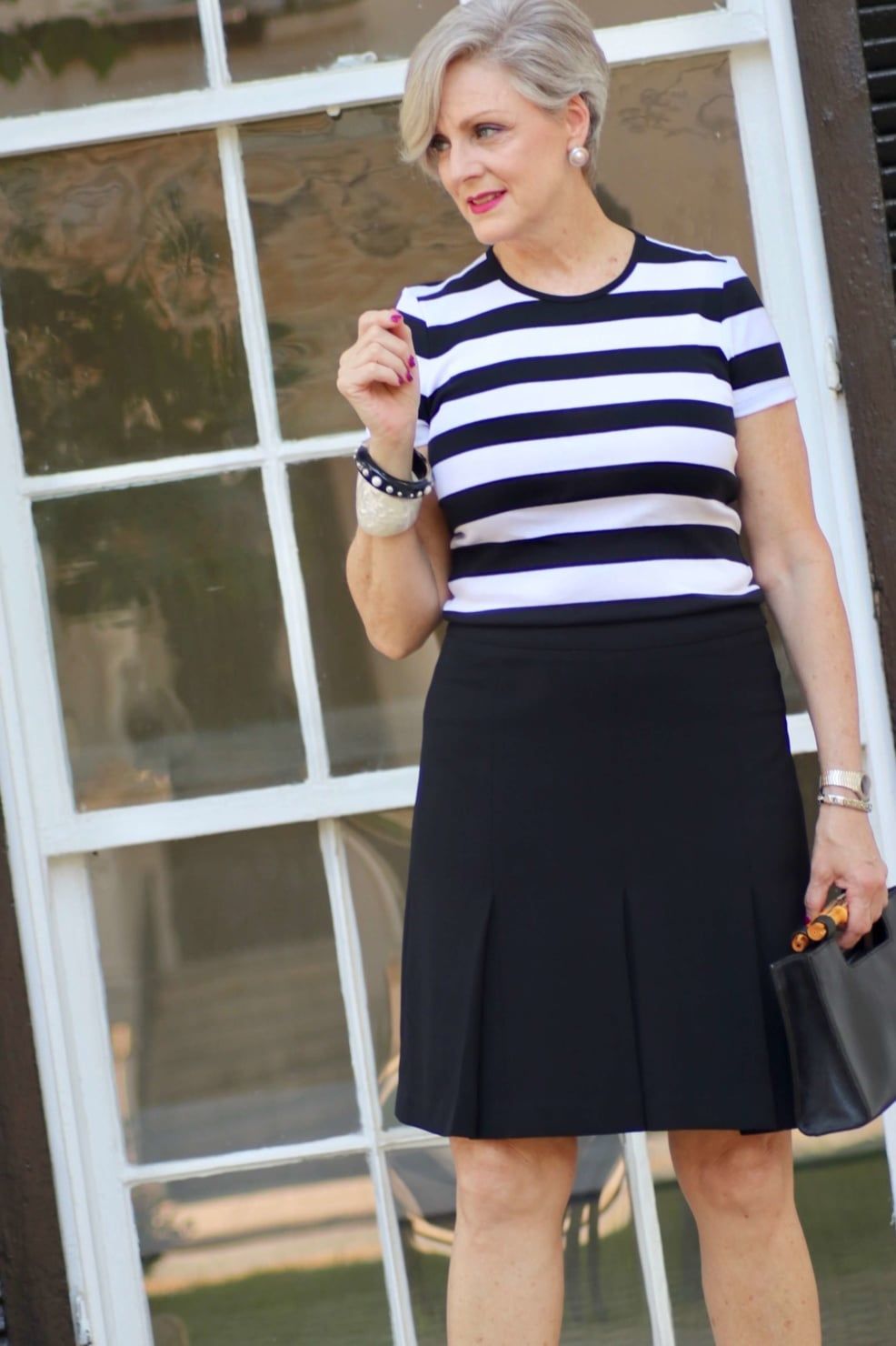 Casual Daytime Black A-Line Skirt with Striped Top and Brown Accents Casual Daytime Black A-Line Skirt with Striped Top and Brown Accents — A Line Skirt Outfits