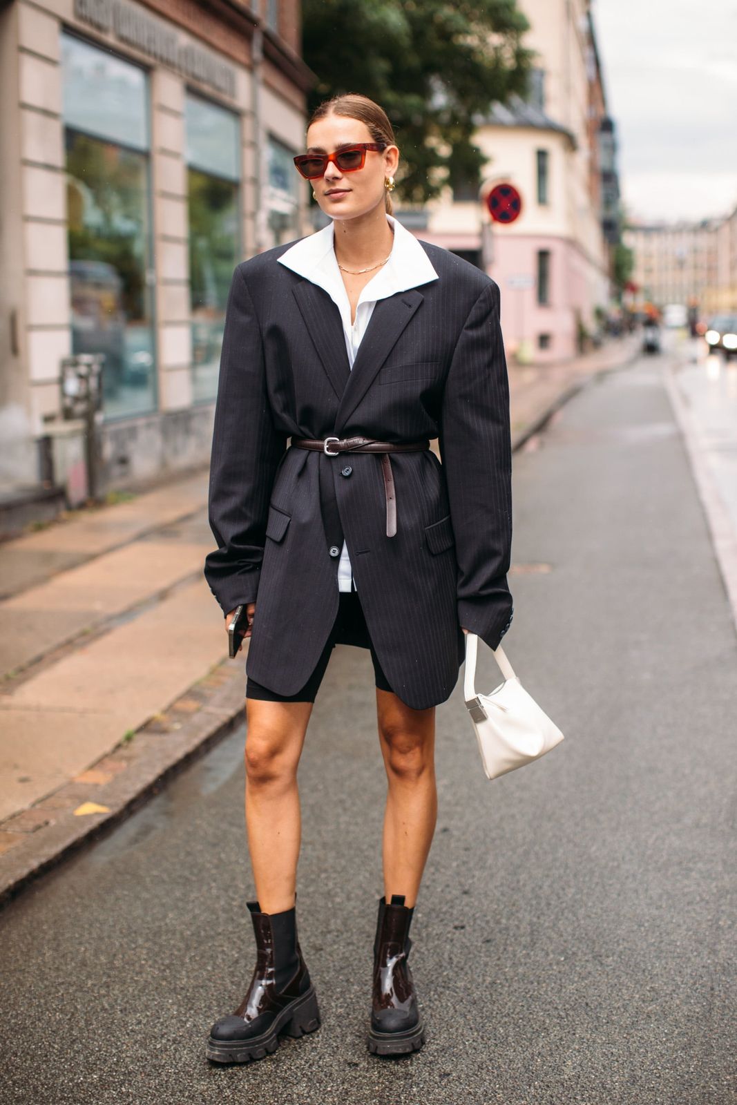 Belted Pinstripe Blazer with Cycling Shorts Belted Pinstripe Blazer with Cycling Shorts — Copenhagen Outfits