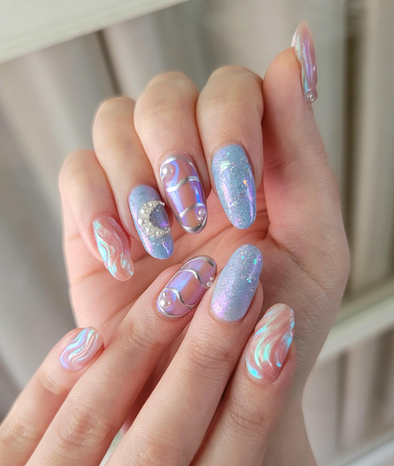 Light Blue Glitter and Pearl Swirl Nails Light Blue Glitter and Pearl Swirl Nails — Hard Gel Nails