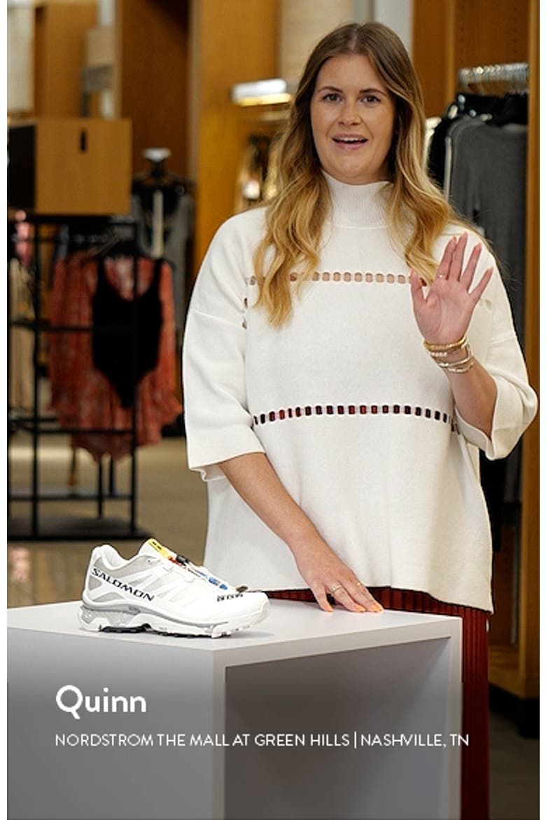 Statement Footwear: White Knit Sweater and Red Skirt with White Salomon XT-4 OG Statement Footwear: White Knit Sweater and Red Skirt with White Salomon XT-4 OG — Salomon Outfits