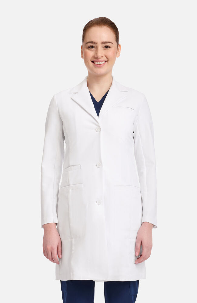 Tailored White Lab Coat Over Dark Blue Top Tailored White Lab Coat Over Dark Blue Top — Doctor Outfits Women