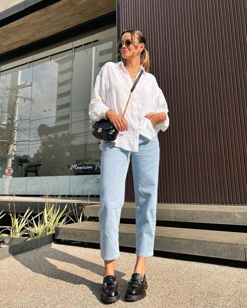 Oversized Shirt and Straight-Leg Jeans with Chunky Penny Loafers — Penny Loafers Outfits