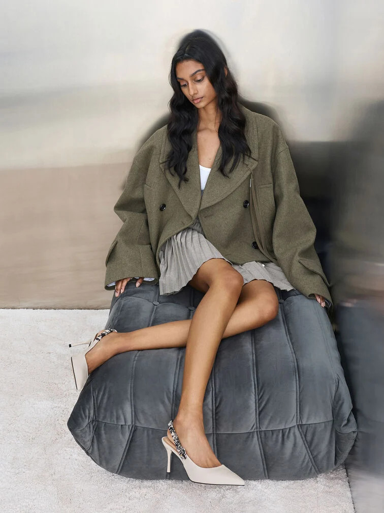 Casual Day Out: Cream Slingback Heels with Olive Jacket and Pleated Skirt Casual Day Out: Cream Slingback Heels with Olive Jacket and Pleated Skirt — Heels Outfits