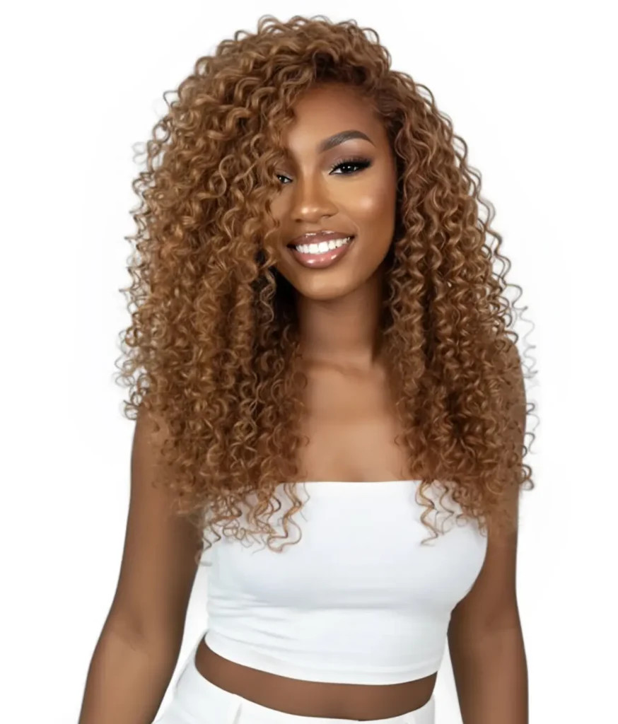 No Bangs Mid-Back Brown Curls with Blonde Highlights No Bangs Mid-Back Brown Curls with Blonde Highlights — Curly Sew In