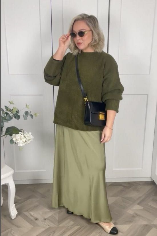 Olive Green Satin Skirt with Chunky Knit Sweater and Two-Tone Flats Olive Green Satin Skirt with Chunky Knit Sweater and Two-Tone Flats — Satin Skirt Outfits