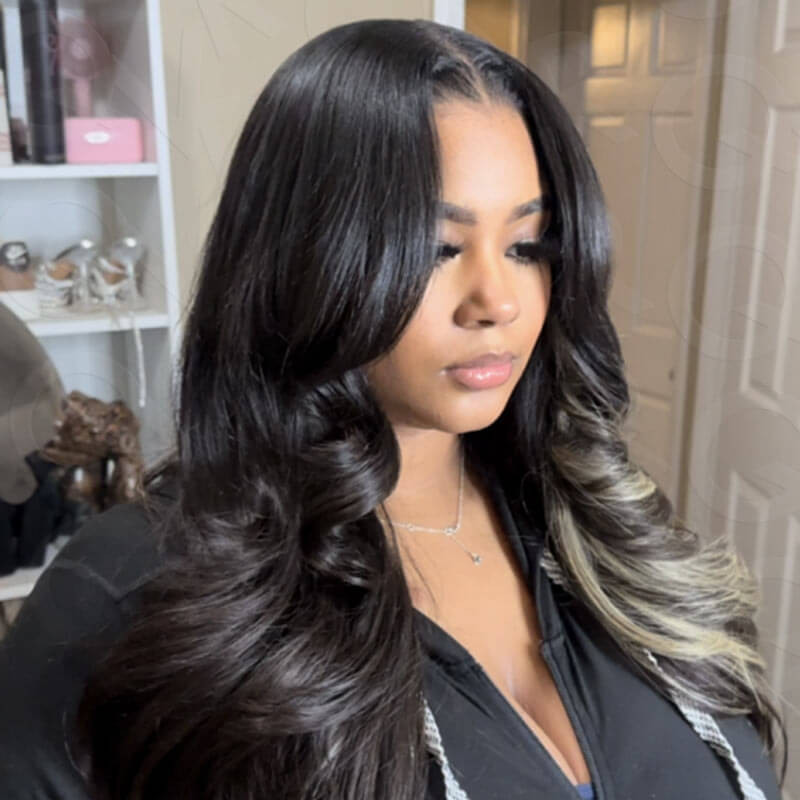 Black Base with Blonde Highlight Blowout Black Base with Blonde Highlight Blowout — Black and Blonde Hair