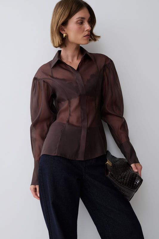Sheer Interest: Puff-Sleeve Shirt Over Bra with Straight-Leg Jeans Sheer Interest: Puff-Sleeve Shirt Over Bra with Straight-Leg Jeans — Outfits for Small Bust