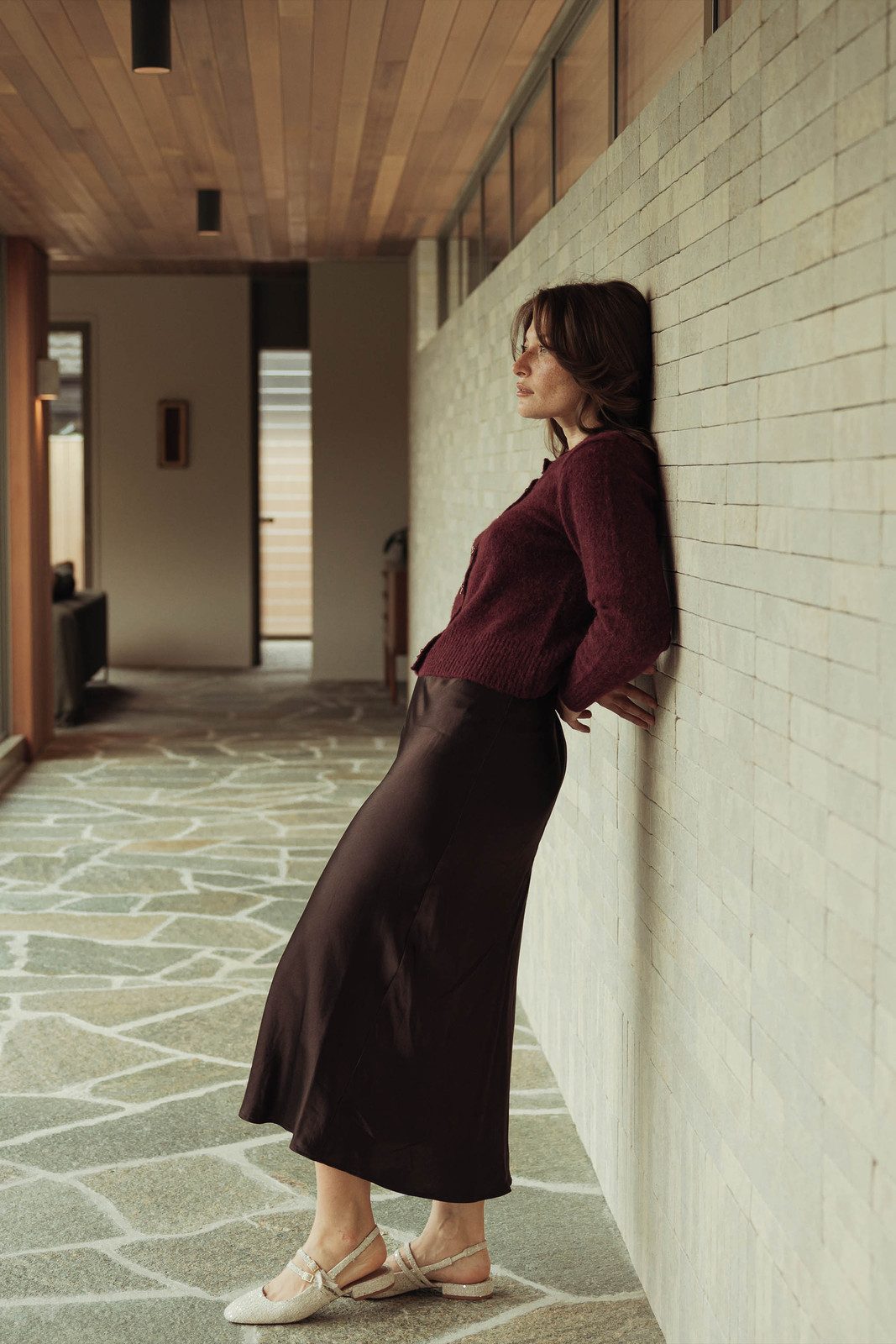 Dark Brown Bias-Cut Slip Skirt with Burgundy Cardigan Dark Brown Bias-Cut Slip Skirt with Burgundy Cardigan — Slip Skirts
