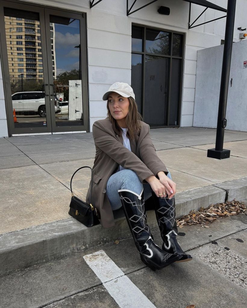 Brown Blazer over Jeans with Embellished Boots — Cowgirl Outfits