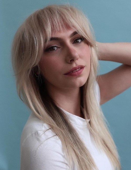 Shoulder Length Platinum Shag With Blunt Bangs Shoulder Length Platinum Shag With Blunt Bangs — Bangs for Thin Hair