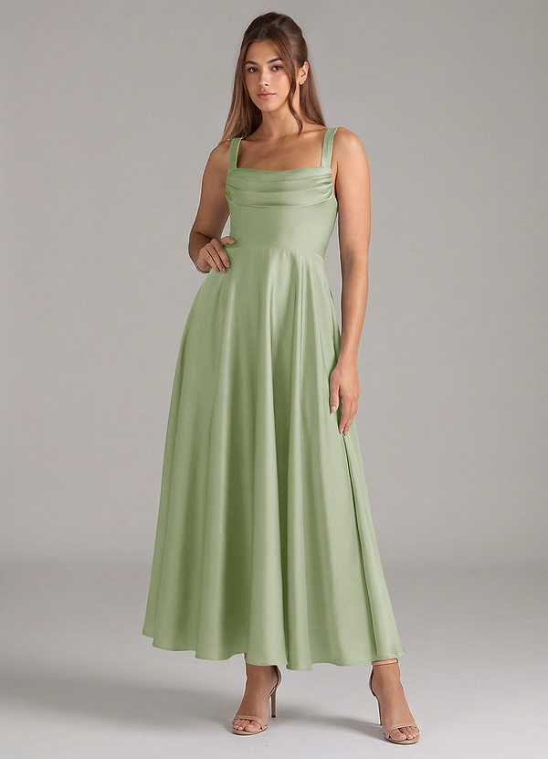 Elegant Sage Green Satin Midi Dress with Square Neckline Elegant Sage Green Satin Midi Dress with Square Neckline — Graduation Party Outfits