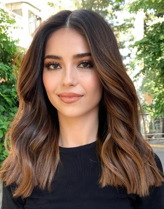No Bangs Medium Brown With Caramel Highlights No Bangs Medium Brown With Caramel Highlights — Hair Color for Medium Skin