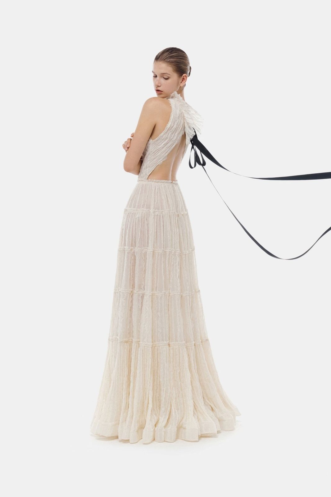 Textured Ivory Tiered Halter Maxi Dress for Formal Occasions — Tiered Dresses