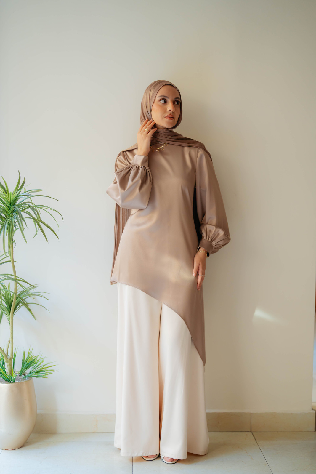 Beige Satin Tunic with Cream Trousers and Beige Hijab — Hijab Outfits