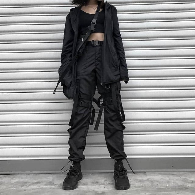 Strapped Cargo Pants with Crop Top and Hooded Jacket Strapped Cargo Pants with Crop Top and Hooded Jacket — Techwear Outfits
