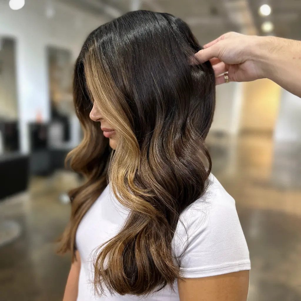 Dark Brown With Face-Framing Blonde Streaks Dark Brown With Face-Framing Blonde Streaks — Highlights