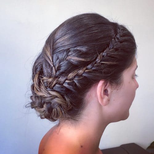 Dark Brown Textured Low Bun — Braided Updo