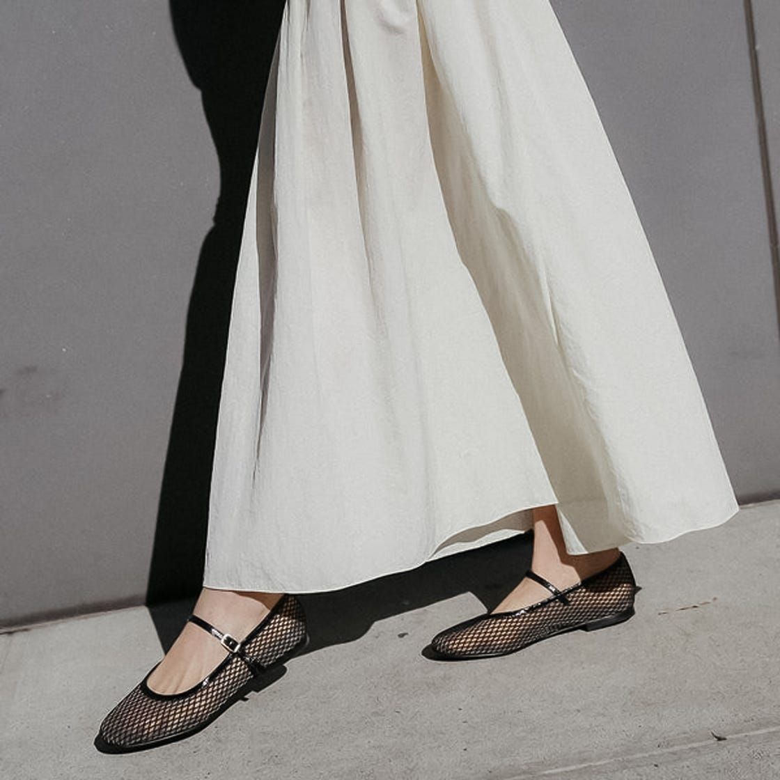 Black Ankle-Strap Mesh Flats with Cream A-Line Skirt Black Ankle-Strap Mesh Flats with Cream A-Line Skirt — Mesh Ballet Flats Outfits