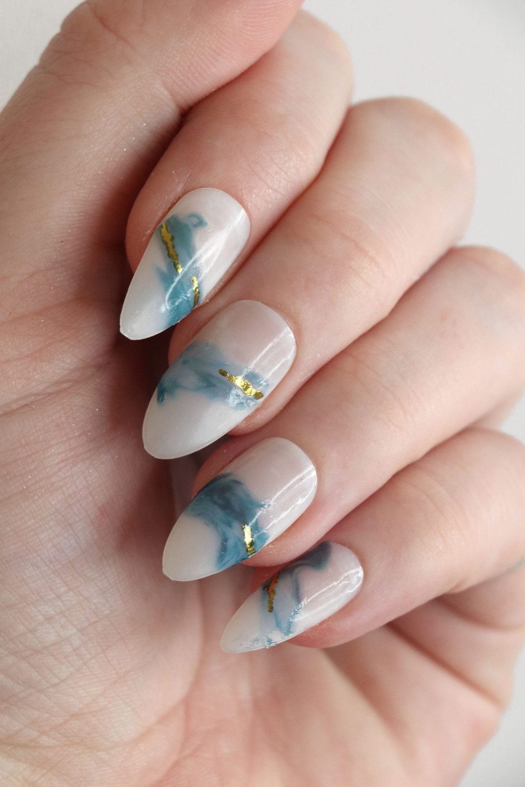 Medium Almond Blue Gold Wave Decals — Watercolor Nails