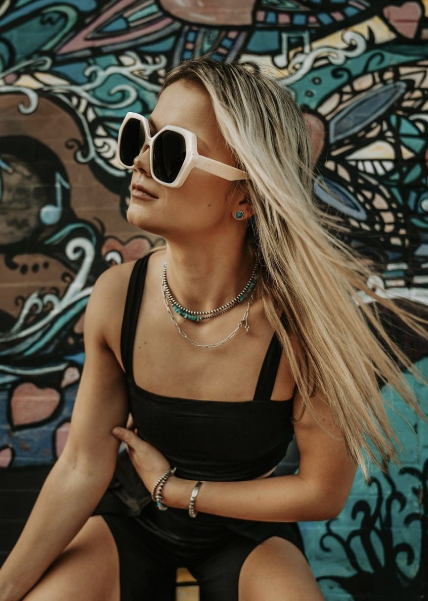 Large White Geometric Oval Sunglasses with Silver Necklaces — Oval Sunglasses Outfits