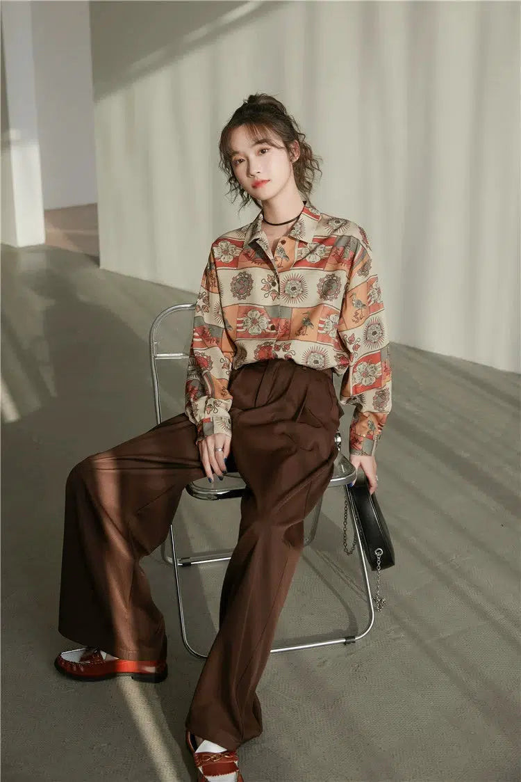 Figured Print Shirt with Wide-Leg Trousers and Loafers Figured Print Shirt with Wide-Leg Trousers and Loafers — Grandmacore Outfits
