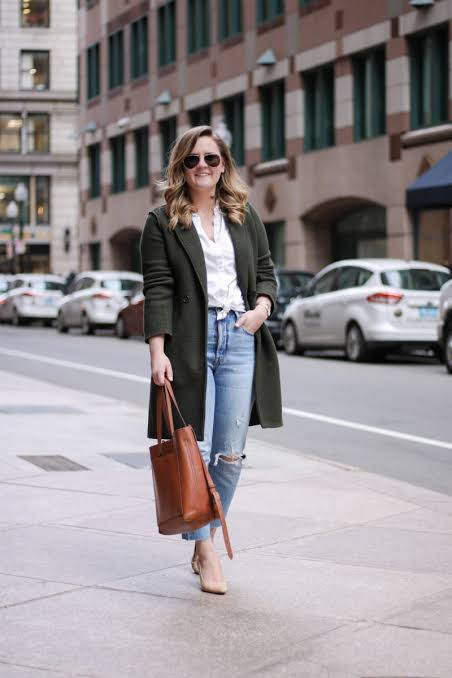Polished Casual: Ripped Jeans with Long Olive Coat Polished Casual: Ripped Jeans with Long Olive Coat — Levi's Outfits