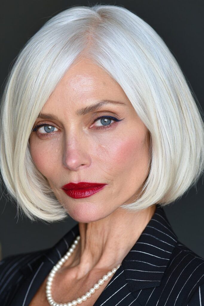Sharp Platinum Bob With Blunt Fringe Sharp Platinum Bob With Blunt Fringe — Bob for Women Over 50