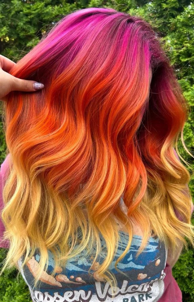 Long Wavy Pink To Yellow Ombre — Sunset Hair