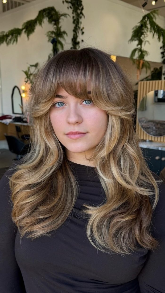 Soft Beige Blonde With Highlights Visual Idea — Long Layered Hair with Curtain Bangs