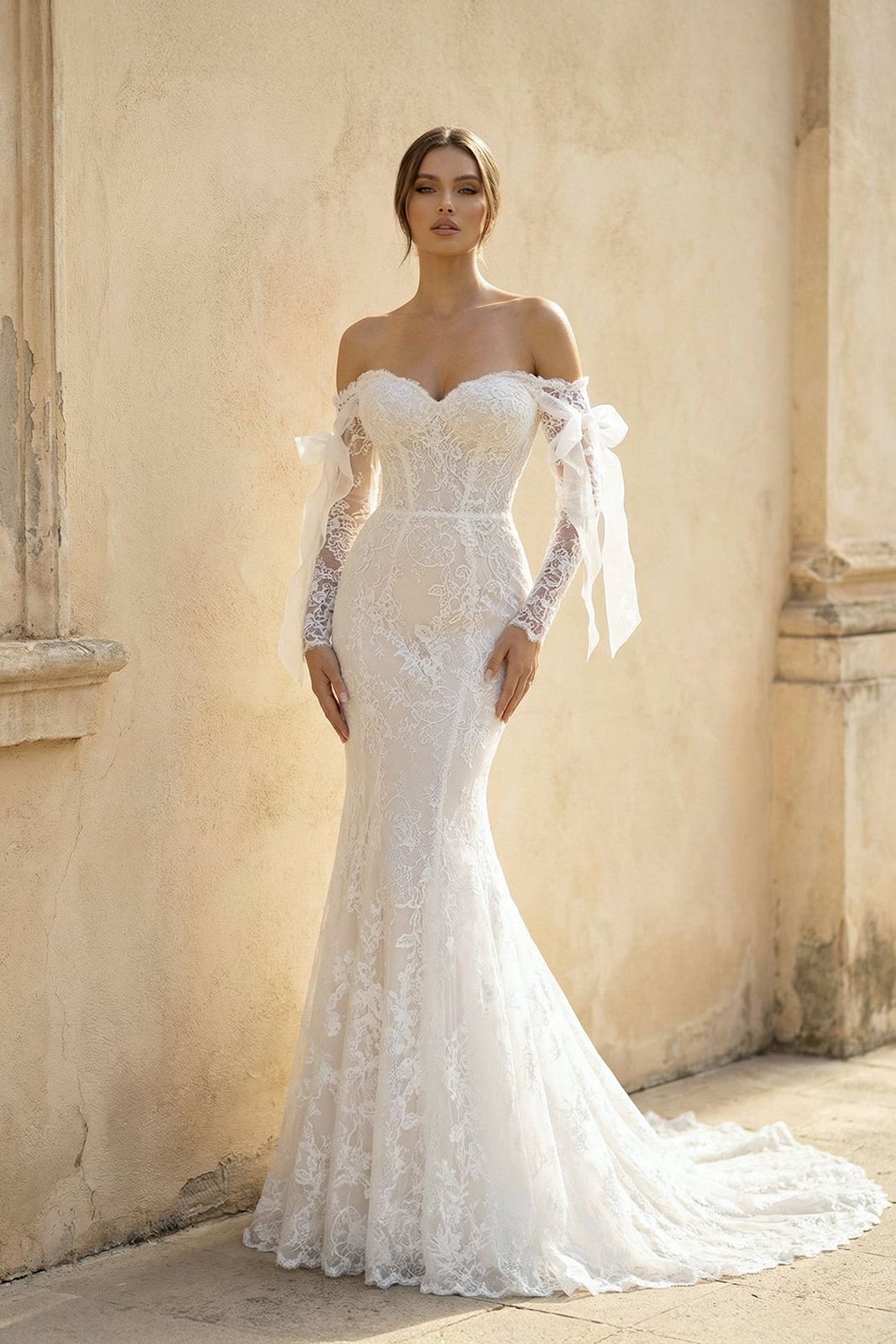Ivory Lace Mermaid Wedding Dress with Off-the-Shoulder Bow Sleeves Ivory Lace Mermaid Wedding Dress with Off-the-Shoulder Bow Sleeves — Mermaid Dresses