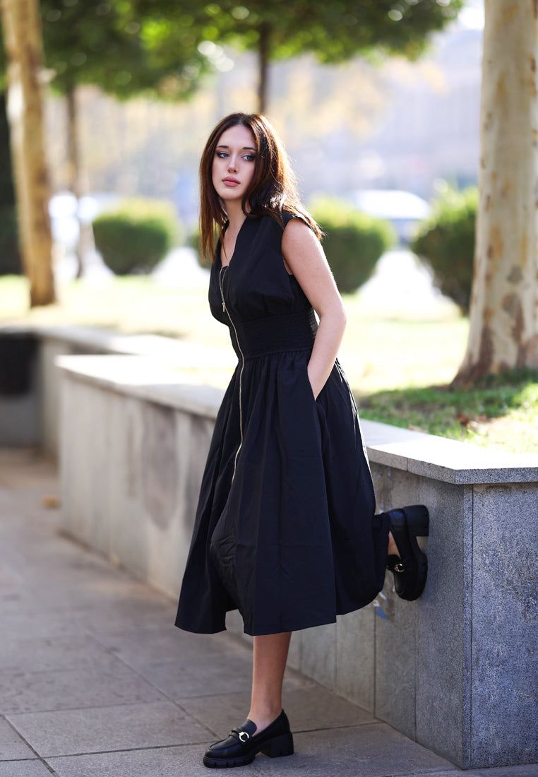 Midi Dress with Front Zip and Gold Buckle Loafers — Chunky Loafers Outfits