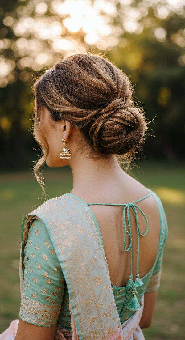 Medium Brown Twisted Low Bun With Face-Framing Tendrils