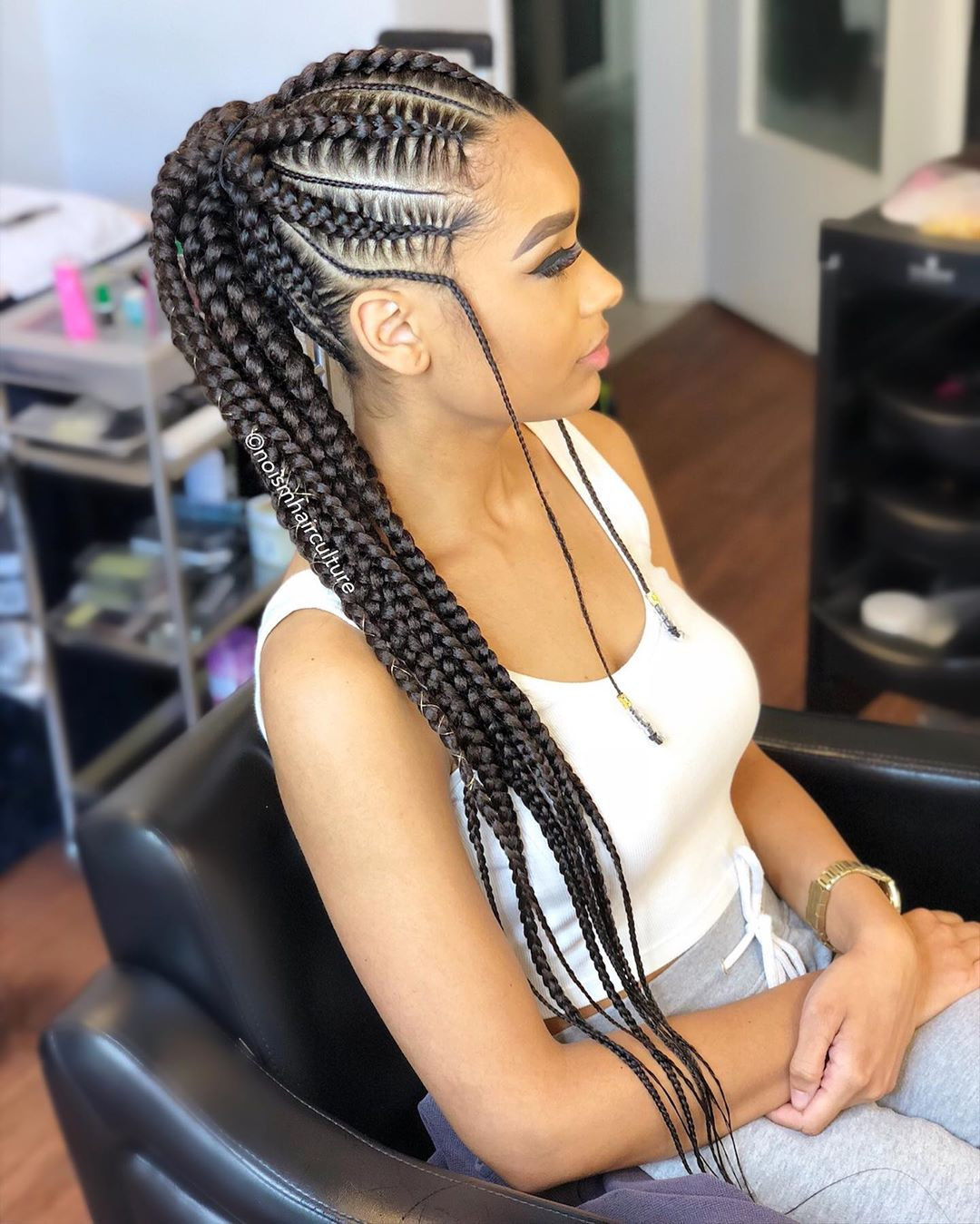 Geometric Cornrows With Accent Braids Geometric Cornrows With Accent Braids — Cornrow Ponytail